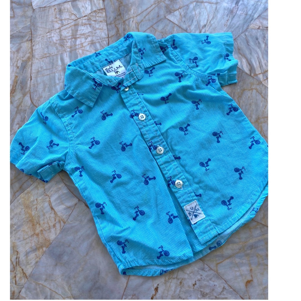 Baby BUM Boys 12M Turquoise Seersucker Tricycle Embroidered Button Down Shirt